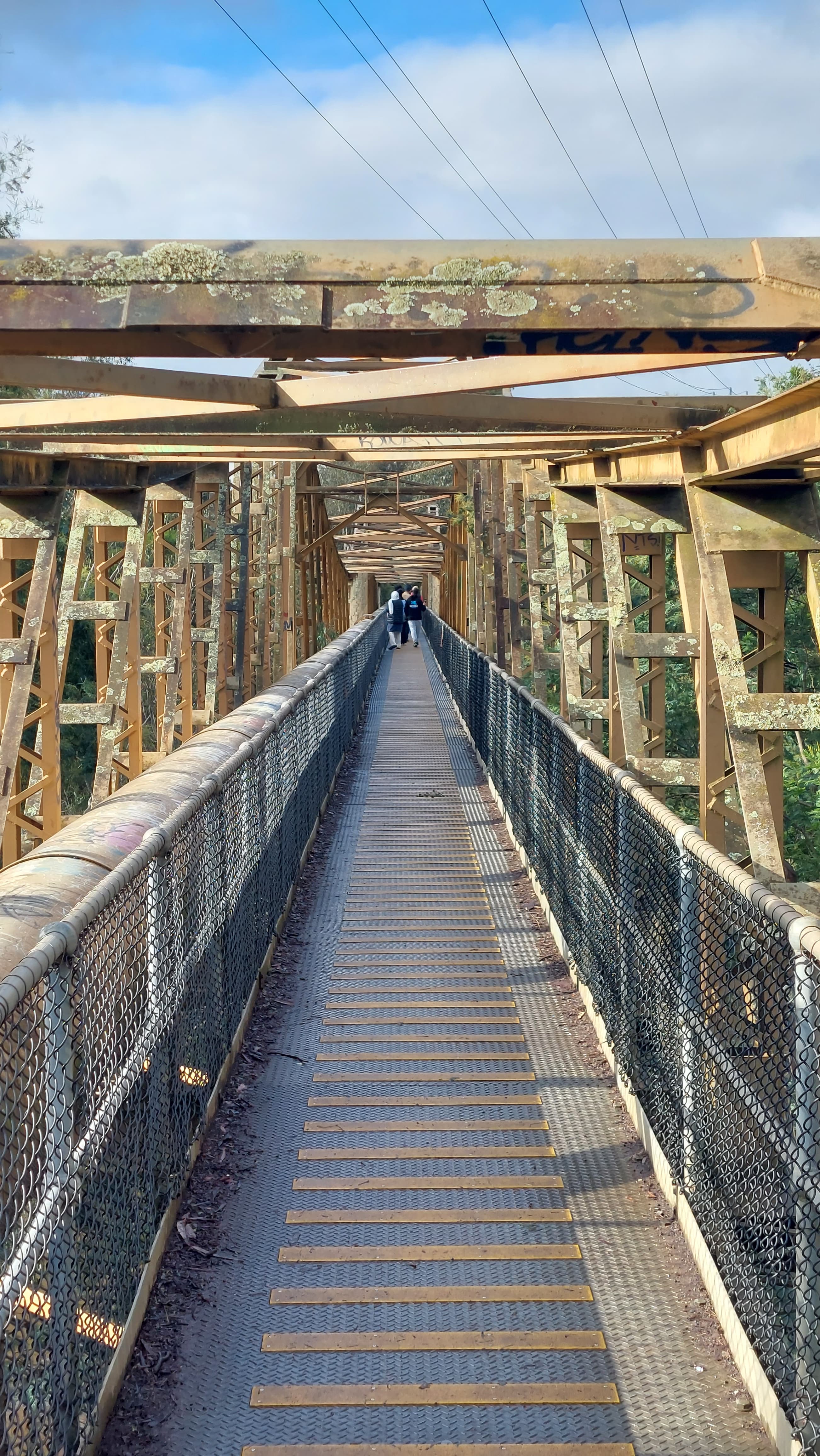 Steel truss bridge walkway with industrial structure